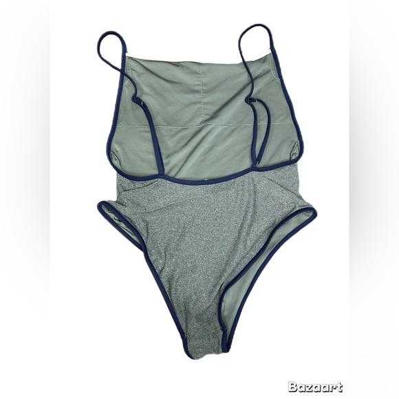 Aerie Gray One-Piece Swimsuit with Navy Trim size L - Picture 3 of 6